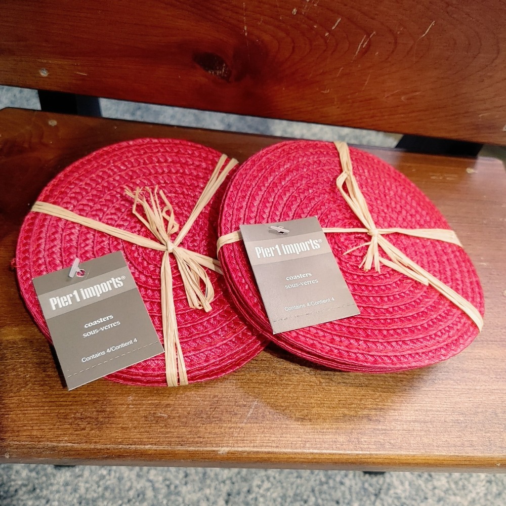 Pier 1 Imports Red Jute Woven Braided Drink Coasters 8pc Set 2 Packs New Country